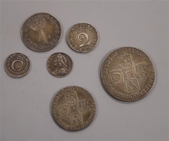 Charles II silver penny 1677, NVF, Queen Anne 4d, F, George II penny 1731, VF, sixpence 1757 NVF, shilling 1758, F and a George III 2d